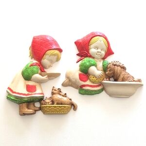 Vintage HOMCO- 2 Pieces- Girl With Pets plastic wall hangings. Made In USA